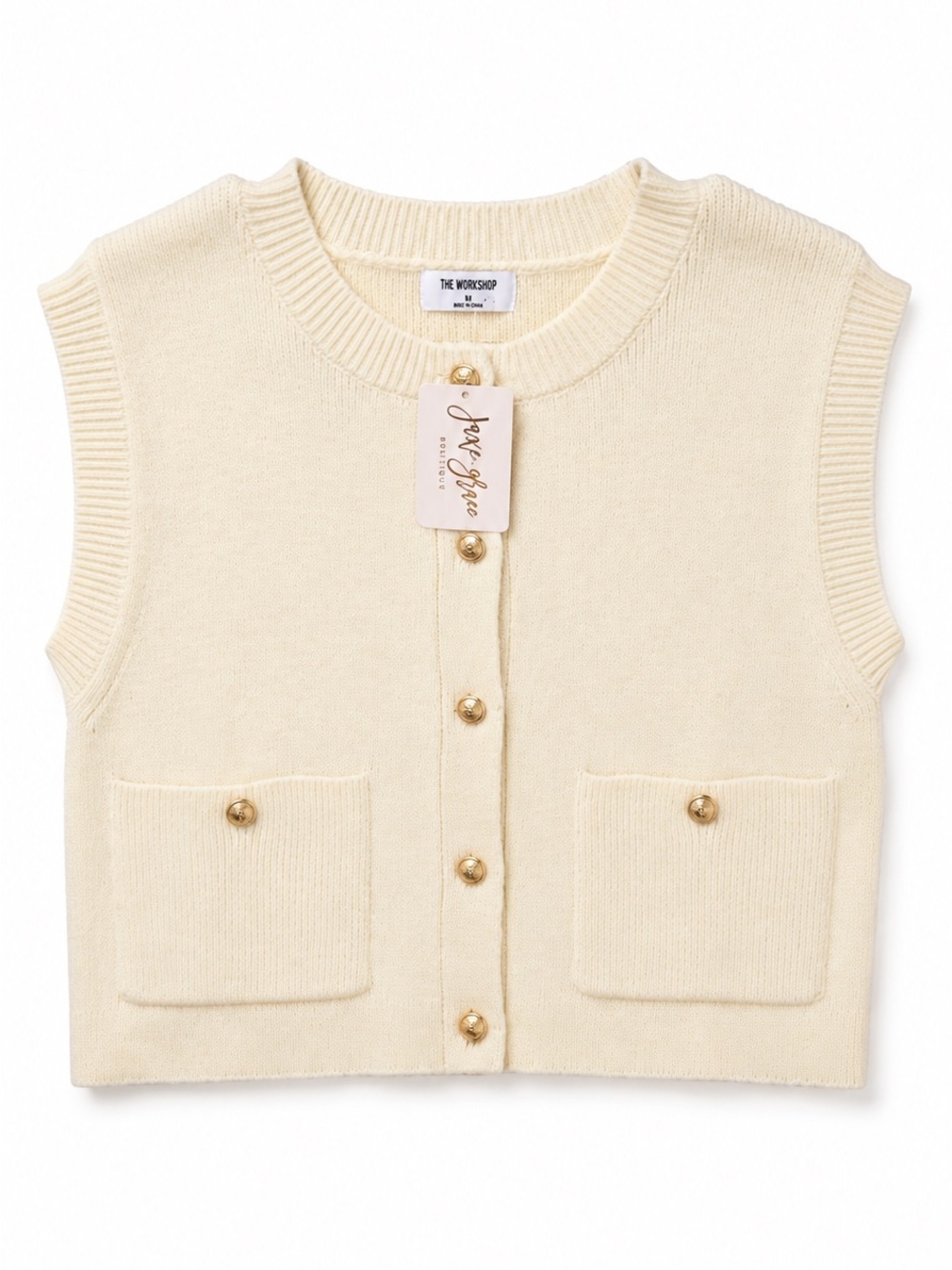 Workshop Republic Clothing Cream Button-Up Knit Vest with Gold Buttons